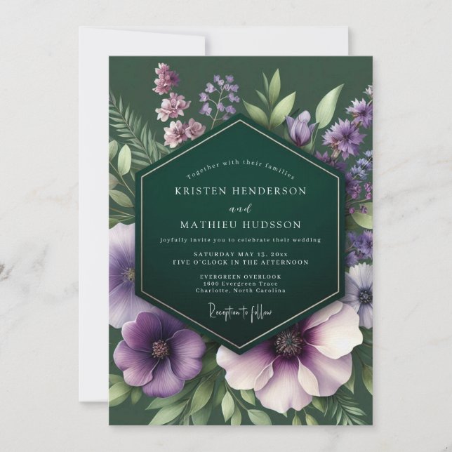 Emerald Plum Moody Flora Wedding Invitation (Front)
