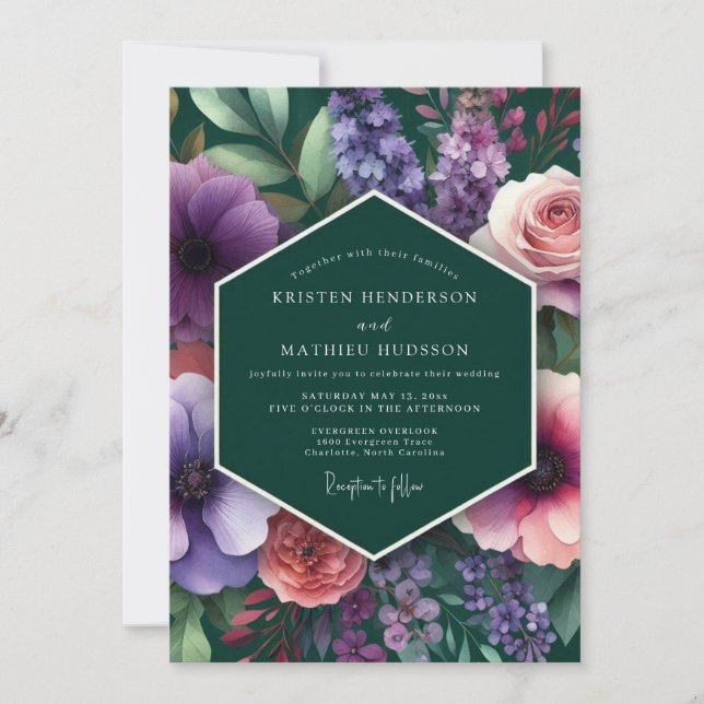 Emerald Plum Vivid Flora Wedding Invitation (Front)