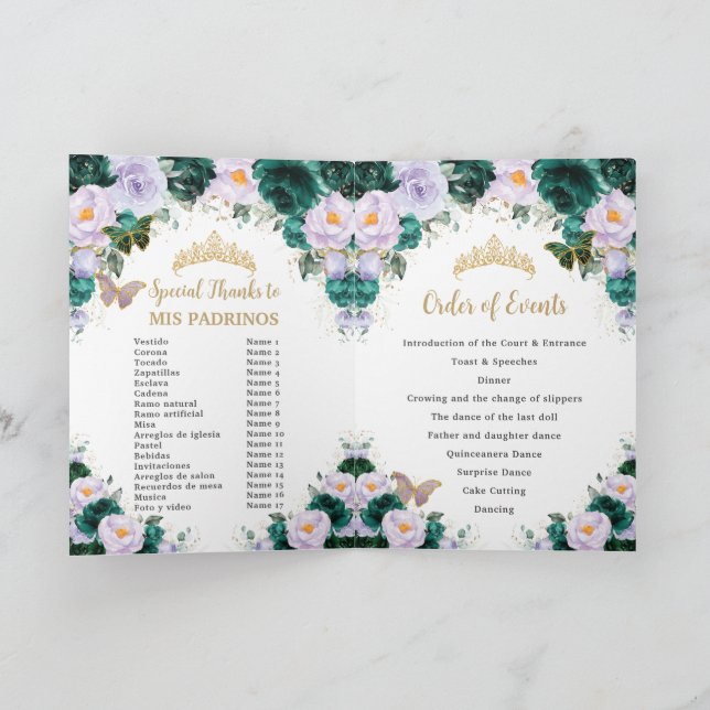 Emerald Purple Floral Quinceañera Order of Events Program (Inside)