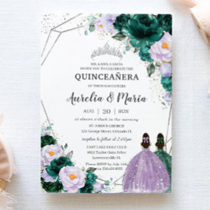 Emerald Purple Floral Twins Quinceañera Silver Invitation