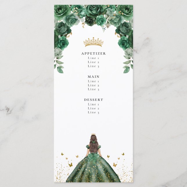 Emerald Quinceañera Floral Faux Foil Menu (Front)