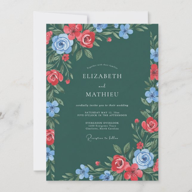 Emerald Red Floral Flourish Wedding Invitation (Front)