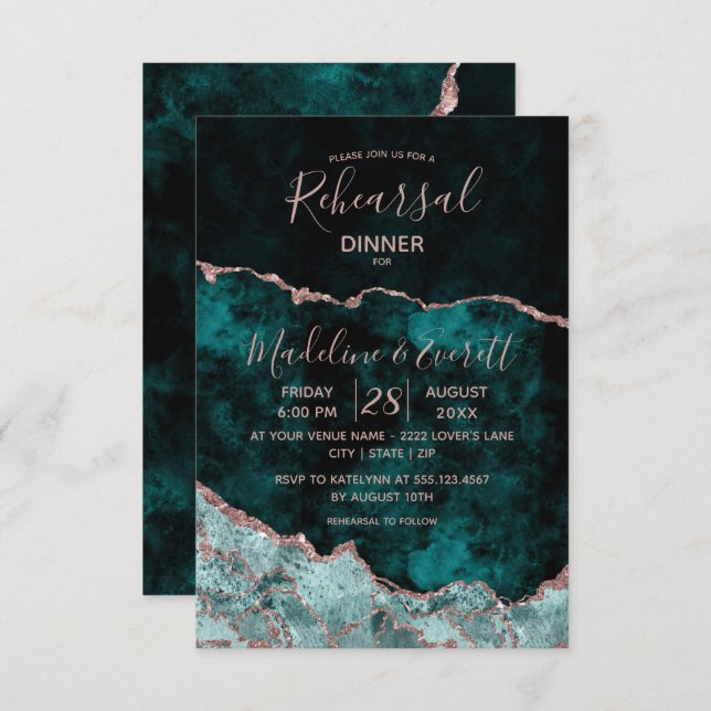 Emerald & Rose Gold Agate Wedding Rehearsal Dinner Invitation (Front/Back)