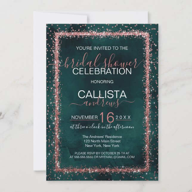 Emerald Rose Gold Confetti Bridal Shower Invitation (Front)
