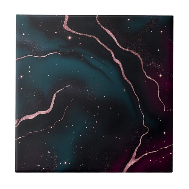Emerald Rose Gold Galaxy Marble Pattern Ceramic Tile (Front)