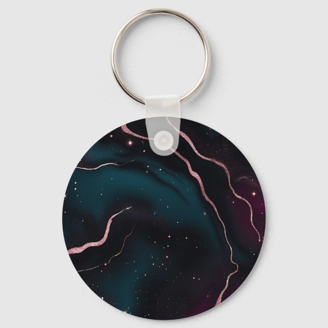 Emerald Rose Gold Galaxy Marble Pattern Key Ring (Front)