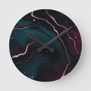 Emerald Rose Gold Galaxy Marble Pattern Round Clock