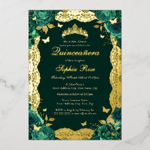 Emerald Rose Lace Butterfly Quinceanera Birthday 