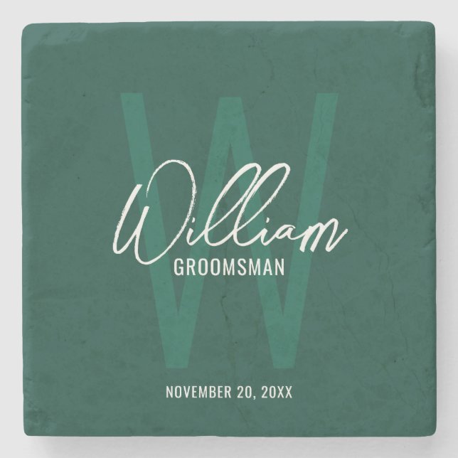 Emerald Rreen Script Personalised Groomsman's Name Stone Coaster (Front)