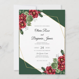 Emerald Ruby Camellia Eucalyptus Wedding Invitation
