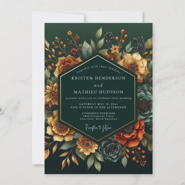 Emerald Russet Bloom Wedding Invitation (Front)
