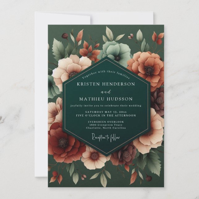 Emerald Russet Lush Flora Wedding Invitation (Front)