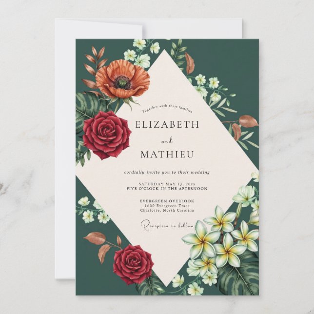 Emerald Rust Poppy Wedding Invitation (Front)