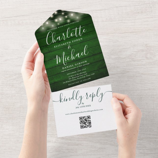Emerald Rustic String Lights QR Code  Wedding  All In One Invitation (Tearaway)