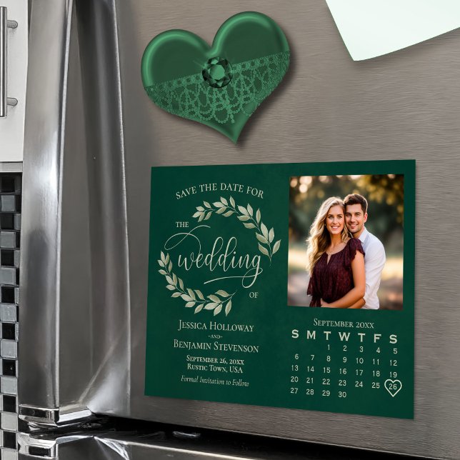 Emerald & Sage Leaves Photo Calendar Save the Date Magnetic Invitation (Magnetic for Easy Display!)