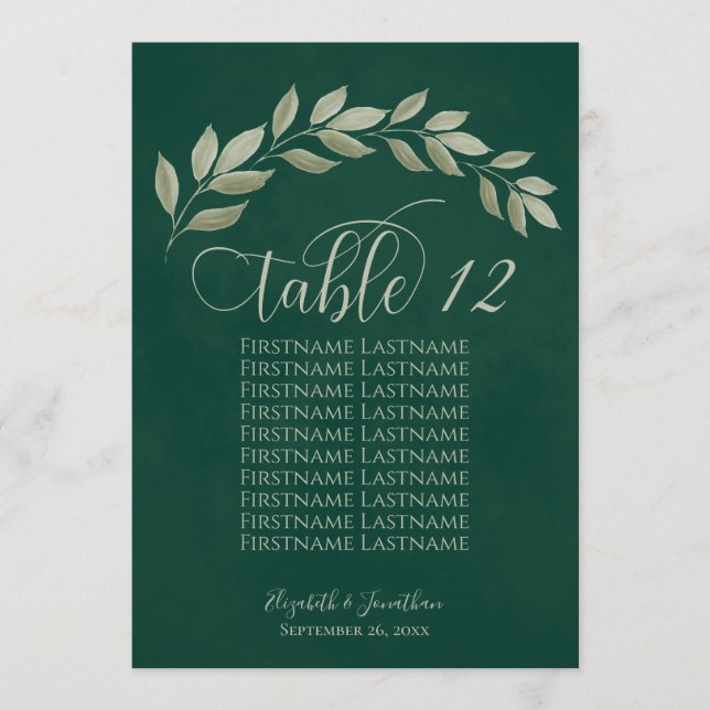 Emerald & Sage Leaves Table Number with Names (Front)