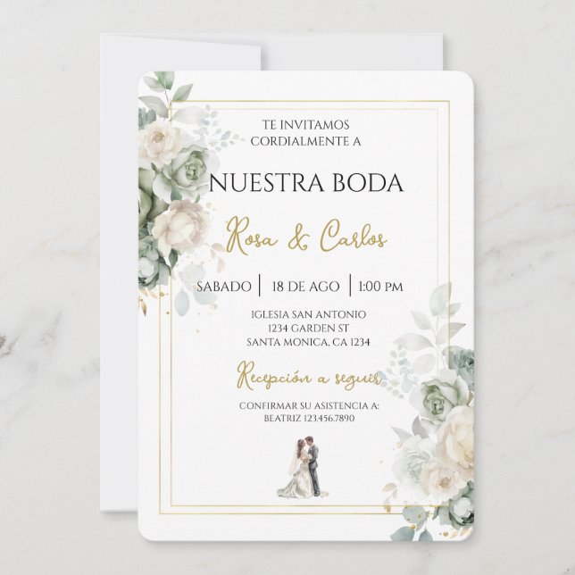 Emerald sage Spanish Wedding Invitation (Front)