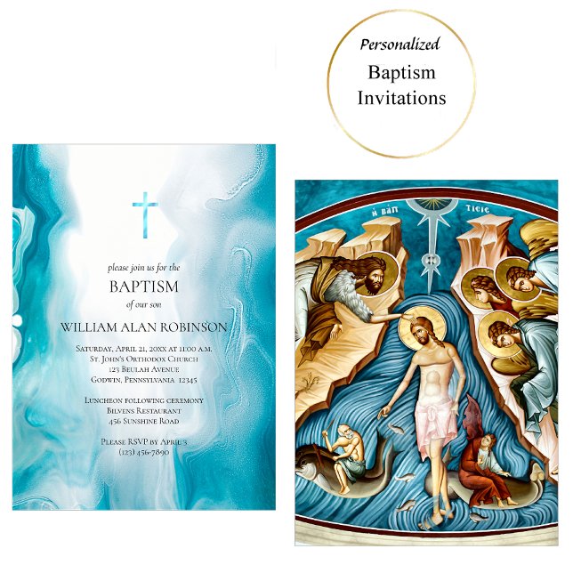 Emerald Sea Blue Orthodox Christian Baptism Invitation (Creator Uploaded)