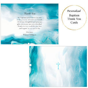 Emerald Sea Blue Orthodox Christian Baptism Thank You Card