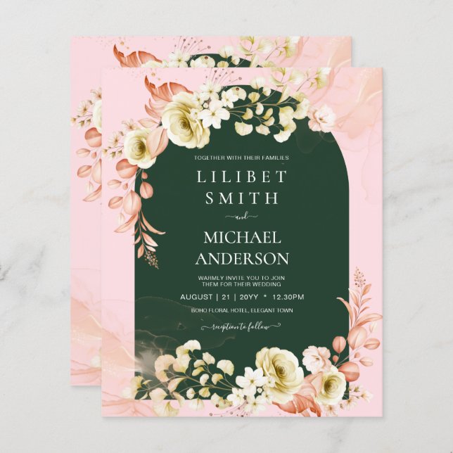 Emerald Season PINK Green Floral Wedding Invites (Front/Back)