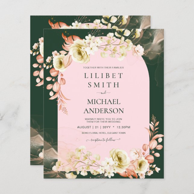 Emerald Season PINK Green Floral Wedding Invites (Front/Back)
