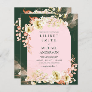 Emerald Season PINK Green Floral Wedding Invites