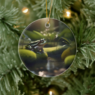 Emerald Serenity: A Green Frog by the River, Ceramic Ornament
