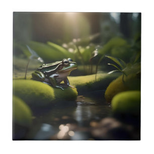 Emerald Serenity: A Green Frog by the River, Ceramic Tile