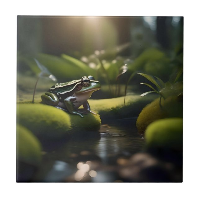 Emerald Serenity: A Green Frog by the River, Ceramic Tile (Front)
