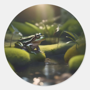 Emerald Serenity: A Green Frog by the River, Classic Round Sticker