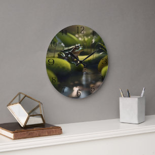 Emerald Serenity: A Green Frog by the River, Large Clock