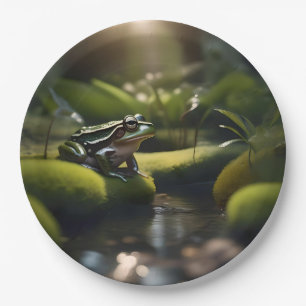 Emerald Serenity: A Green Frog by the River, Paper Plate