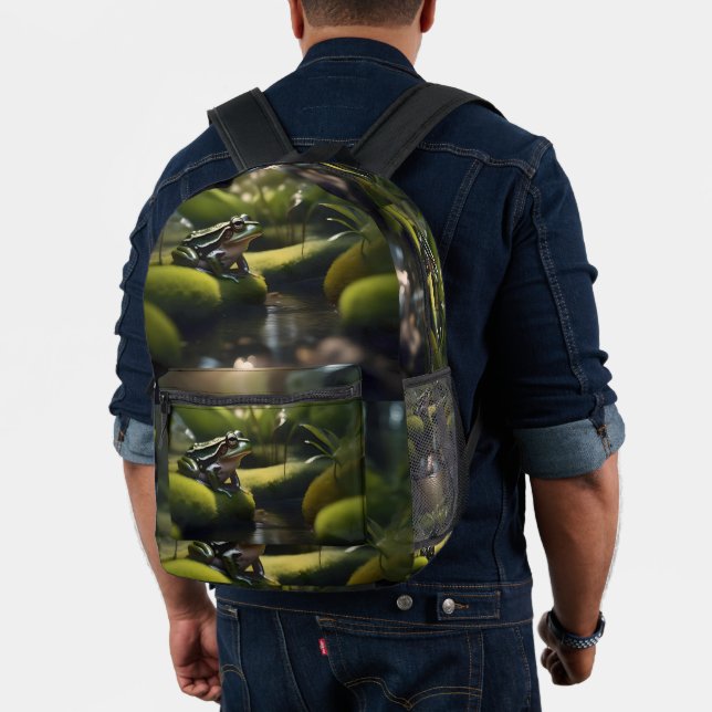 Emerald Serenity: A Green Frog by the River, Printed Backpack (Insitu (Model))