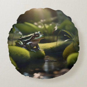 Emerald Serenity: A Green Frog by the River, Round Cushion