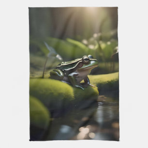 Emerald Serenity: A Green Frog by the River Tea Towel