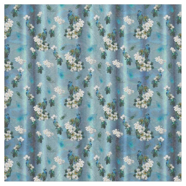 Emerald Silk Peacock Feathers Running Print Fabric (Close Up)