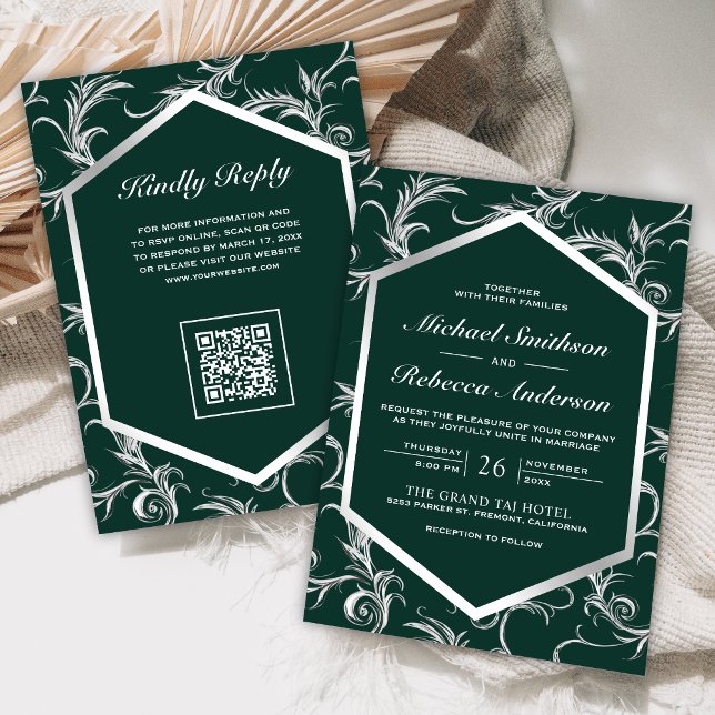 Emerald Silver Flourish Swirl QR Code Wedding Invitation (Creator Uploaded)