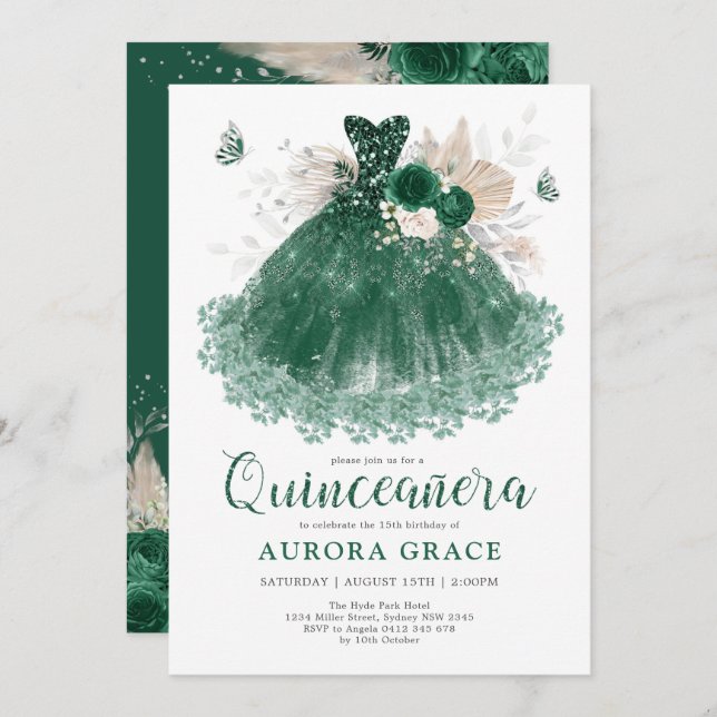 Emerald Silver Flower Quinceañera Mis Quince Anos Invitation (Front/Back)