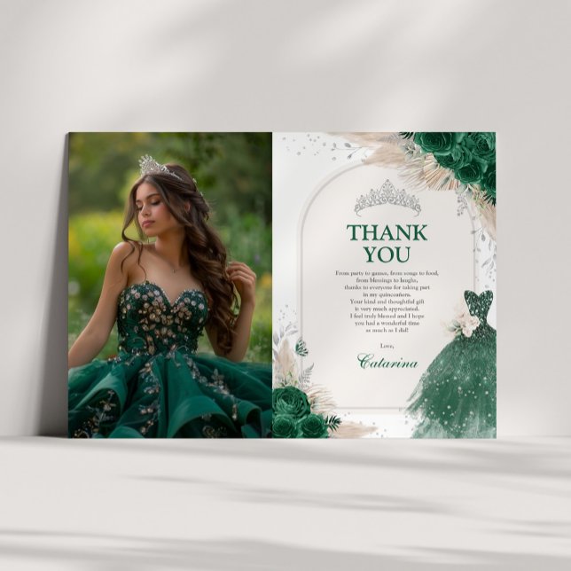 Emerald Silver Quinceanera Photo Thank You Card (Creator Uploaded)