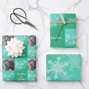 Emerald Snowlfakes Minimalist Photo Christmas  Wrapping Paper Sheet