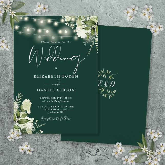 Emerald String Lights Floral Monogram Wedding Invitation (Emerald String Lights Floral Monogram Wedding Invitation)