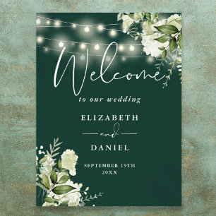 Emerald String Lights Floral Wedding Welcome Poster