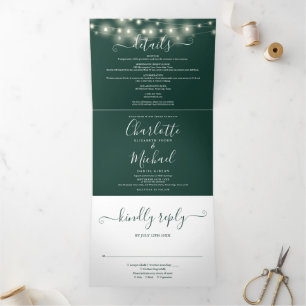 Emerald String Lights Script Monogram Wedding Tri-Fold Invitation