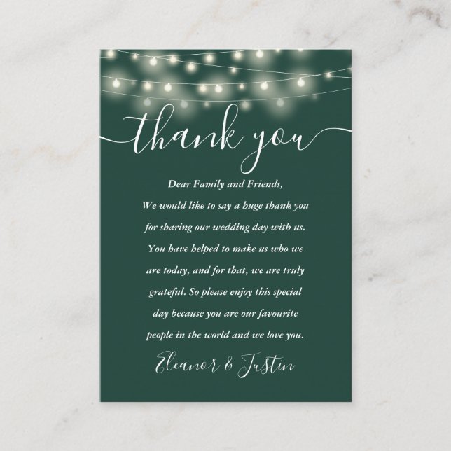 Emerald String Lights Wedding Thank You Place  Card (Front)