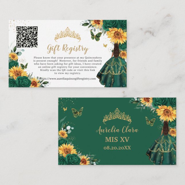 Emerald Sunflower Floral Quinceañera Gift Registry Enclosure Card (Front/Back)