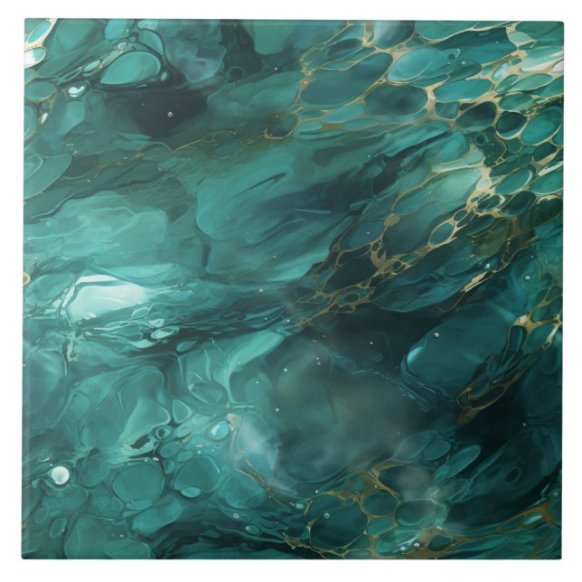 Emerald Teal and Gold Fluid Abstract Ceramic Tile (Front)
