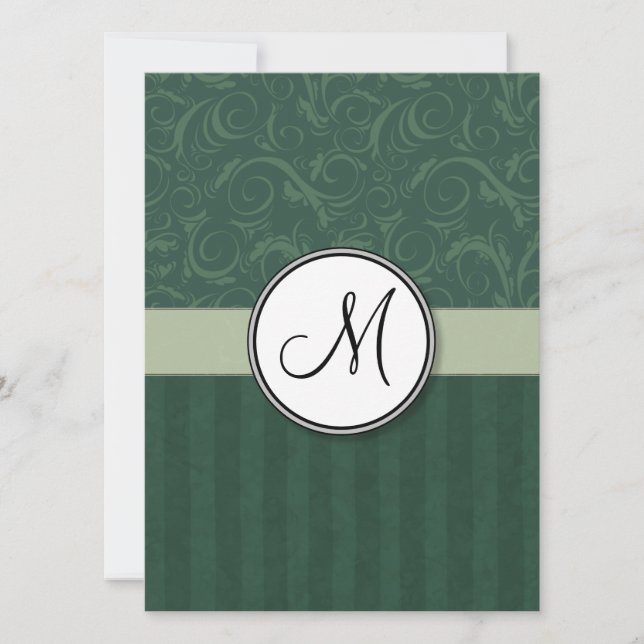 Emerald Teal Floral Wisps & Stripes with Monogram Invitation (Front)