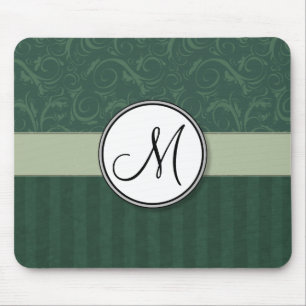 Emerald Teal Floral Wisps & Stripes with Monogram Mouse Pad