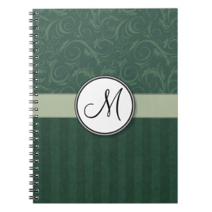 Emerald Teal Floral Wisps & Stripes with Monogram Notebook