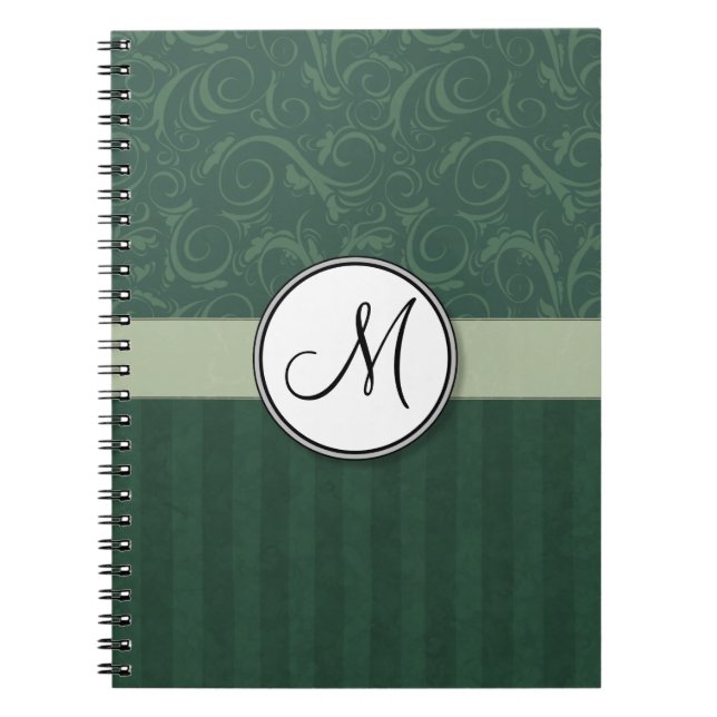Emerald Teal Floral Wisps & Stripes with Monogram Notebook (Front)